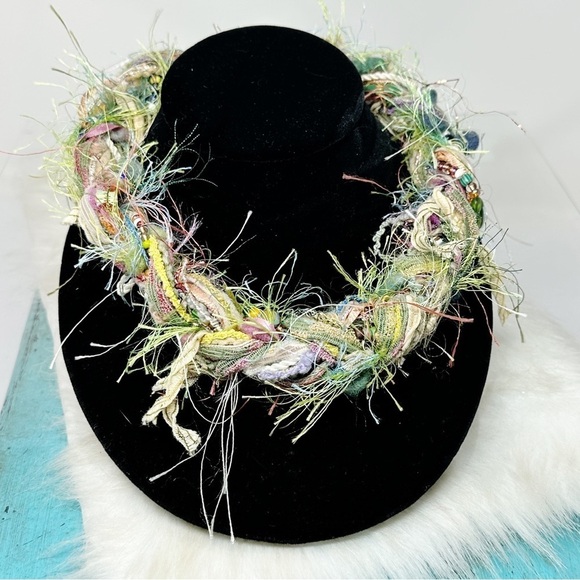 Green Pink Woven Fiber Beaded Necklace Textile Fiber Art Seed Beads Statement - Picture 5 of 12